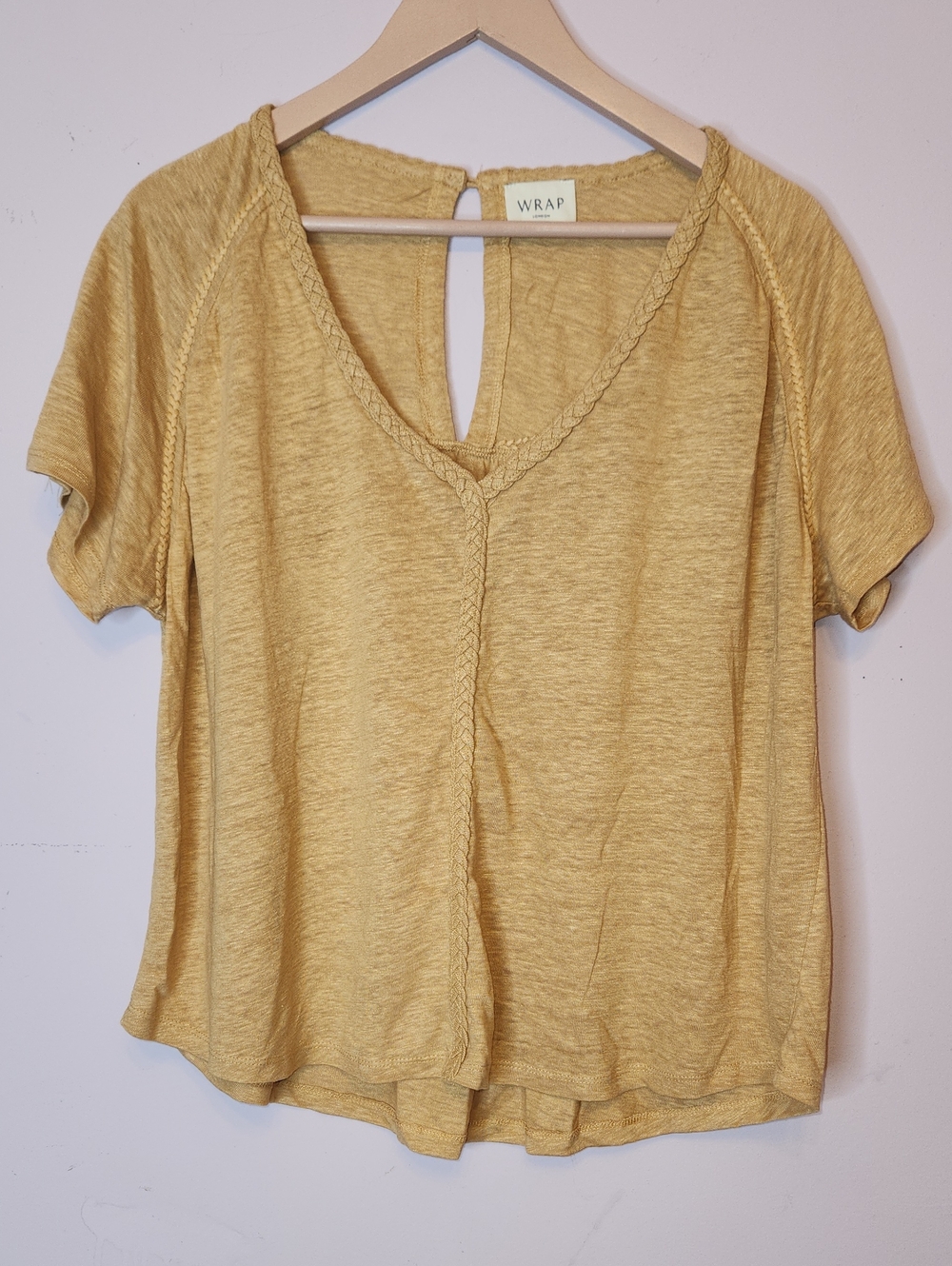 WRAP London Linen V Neck Top Center Seam and Open Back Detail, size 10
